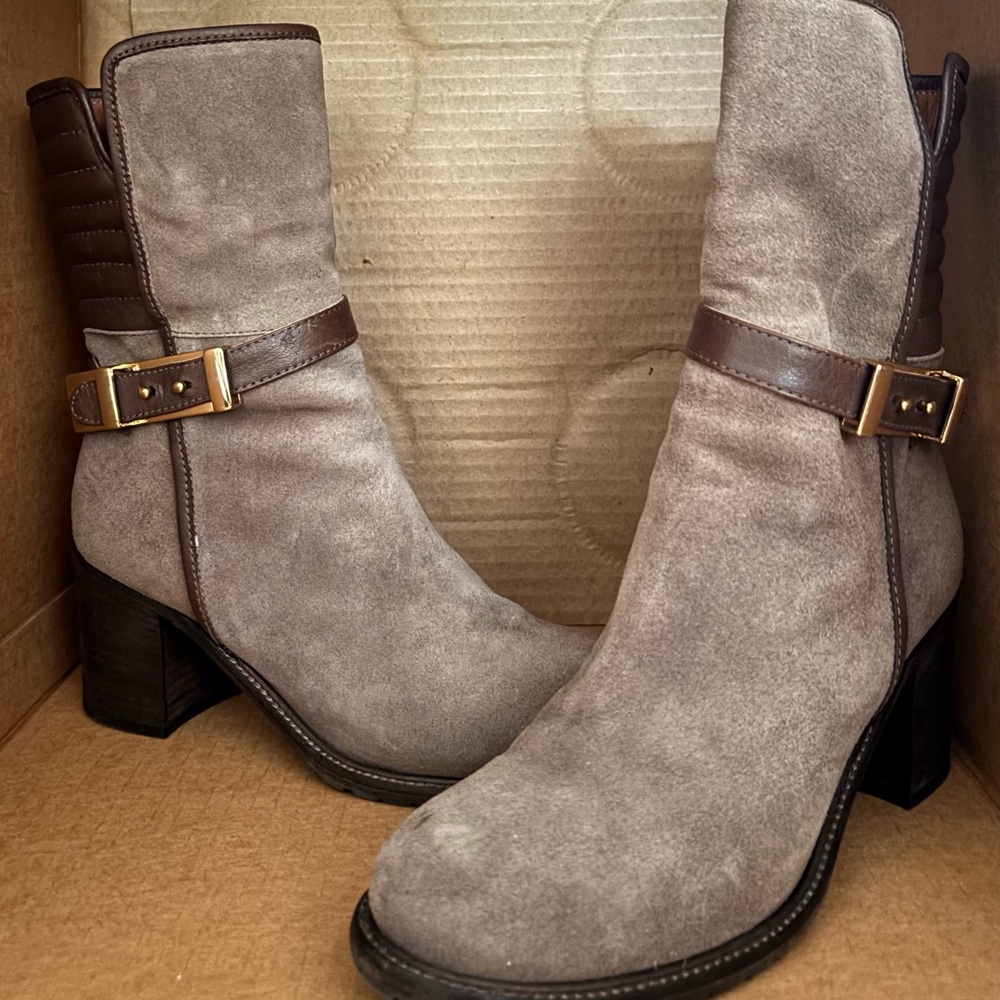 Napoleoni - Taupe Suede Mid-Heel Ankle Boots with Brown Strap